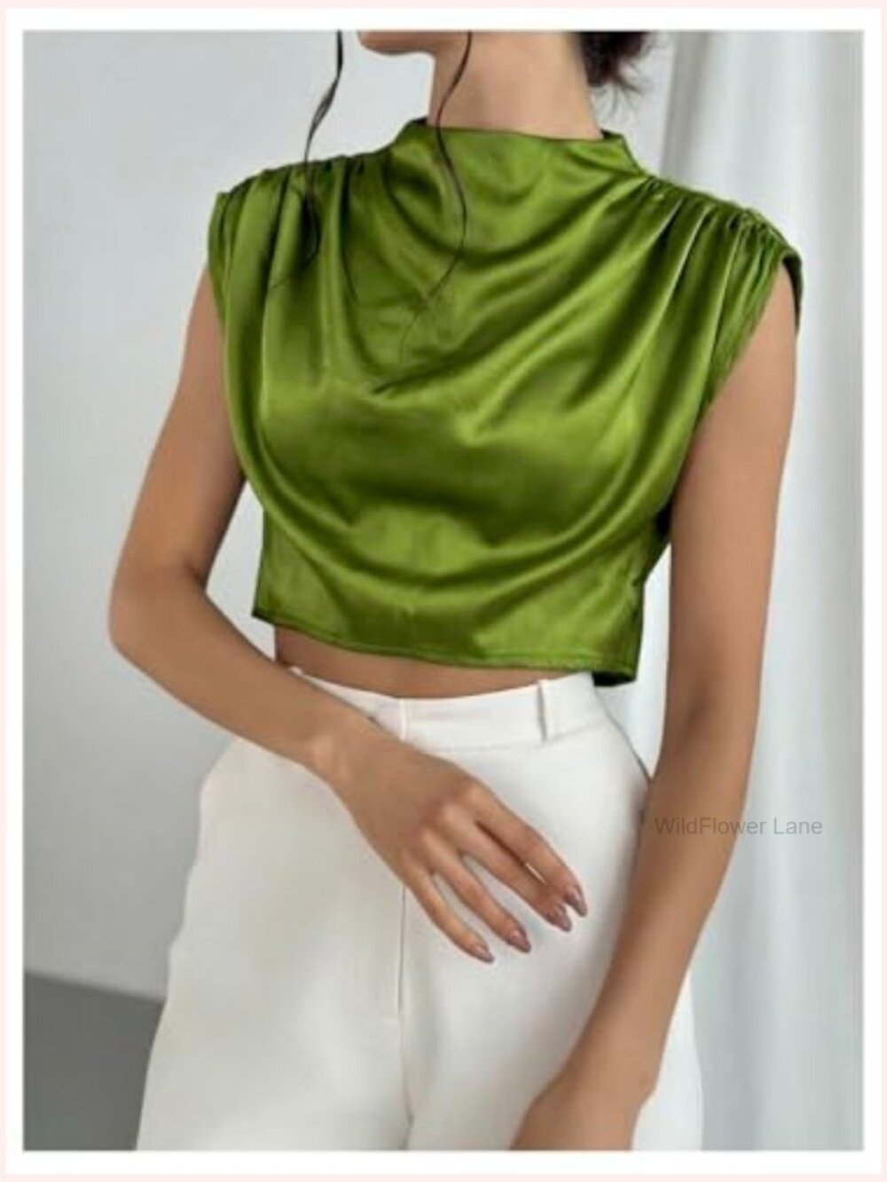 Satin Crop Top Mock Neck Blouse Ruched Cap Sleeve Dressy Work Shirt - Picture 5 of 7